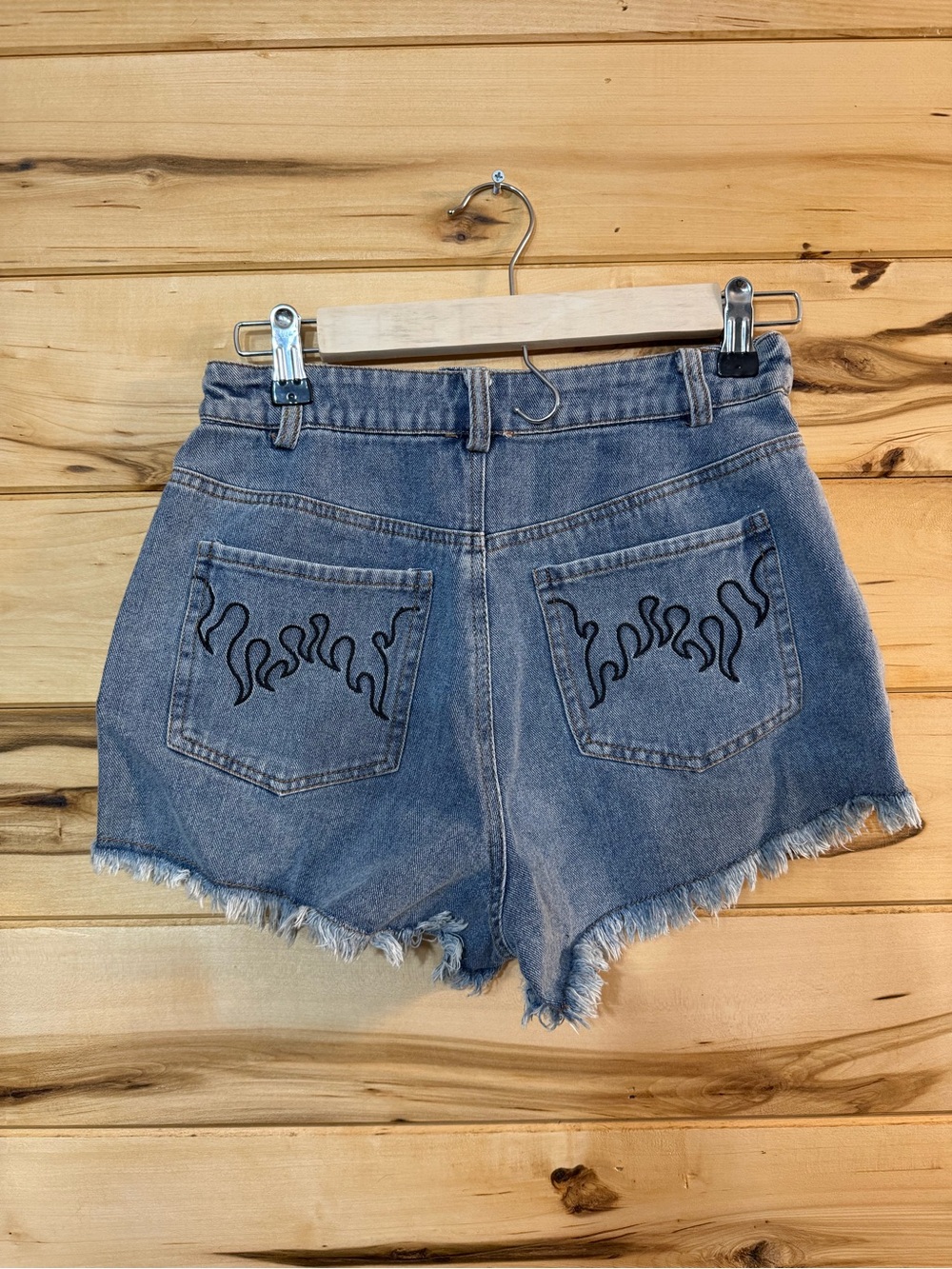 Le Lis Washed Blue High-Waist Frayed Denim Shorts with Flame Pocket Stitch